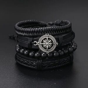 Black Leather Compass Bead Bracelet Set - 4 Piece Set